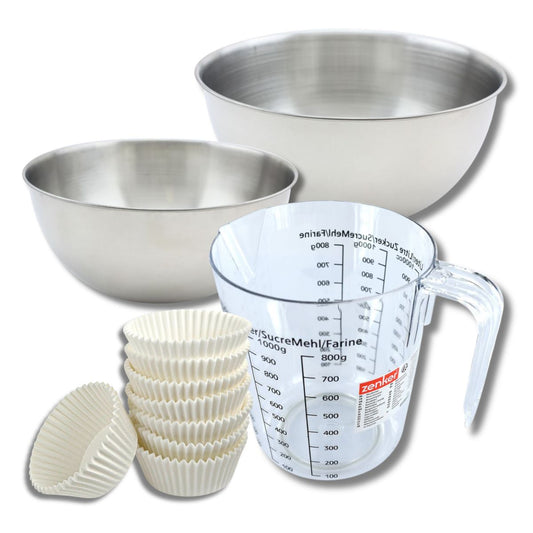 Set pâtisserie avec 75 moules à muffins en papier, 2 bols à mixer, verre mesureur et spatule Zenker