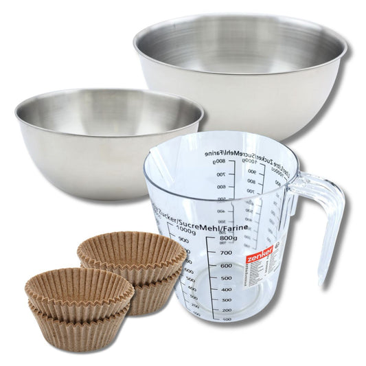 Set pâtisserie avec 40 moules à muffins en papier, 2 bols à mixer, verre mesureur et spatule Zenker
