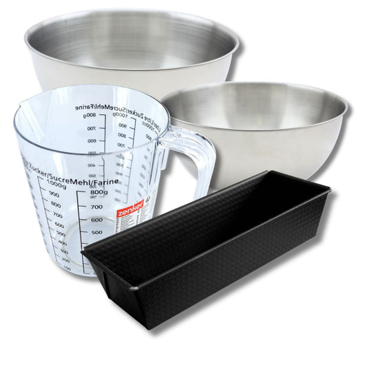 Set pâtisserie avec moule à cake 25 cm, 2 bols à mixer, verre mesureur et spatule Zenker