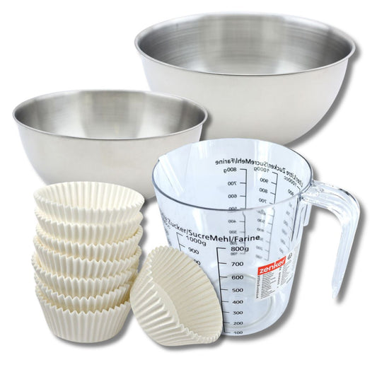 Set pâtisserie avec 100 moules à muffins en papier, 2 bols à mixer, verre mesureur et spatule Zenker