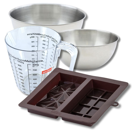 Set pâtisserie avec double moule à chocolat de Dubaï, 2 bols à mixer, verre mesureur et spatule Zenker