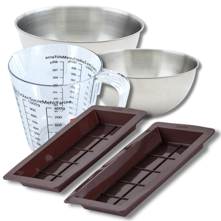 Set pâtisserie avec 2 moules à chocolat de Dubaï, 2 bols à mixer, verre mesureur et spatule Zenker