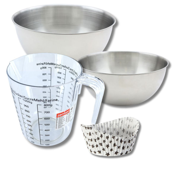 Set pâtisserie avec 50 moules à muffins étoiles en papier, 2 bols à mixer, verre mesureur et spatule Zenker
