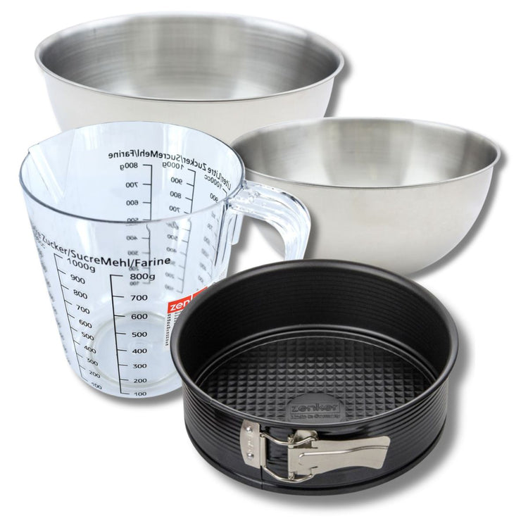 Set pâtisserie avec moule à manqué 20 cm, 2 bols à mixer, verre mesureur et spatule Zenker