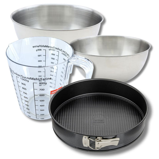 Set pâtisserie avec moule à manqué 24 cm, 2 bols à mixer, verre mesureur et spatule Zenker