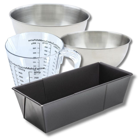 Set pâtisserie avec moule à cake extensible, 2 bols à mixer, verre mesureur et spatule Zenker