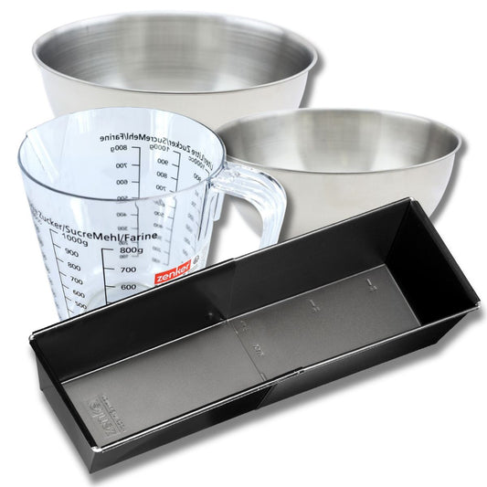Set pâtisserie avec grand moule à cake extensible, 2 bols à mixer, verre mesureur et spatule Zenker