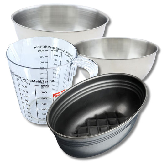 Set pâtisserie avec moule à pain ovale 26 cm, 2 bols à mixer, verre mesureur et spatule Zenker