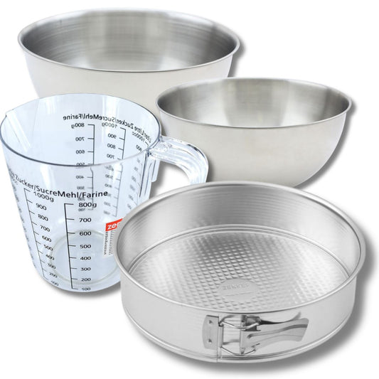 Set pâtisserie avec moule à manqué 28 cm, 2 bols à mixer, verre mesureur et spatule Zenker