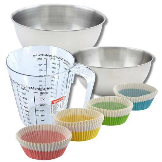Set pâtisserie avec 100 moules à muffins papier 5 cm, 2 bols à mixer, verre mesureur et spatule Zenker