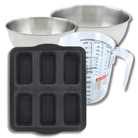 Set pâtisserie avec moule à 6 financiers silicone, 2 bols à mixer, verre mesureur et spatule Zenker