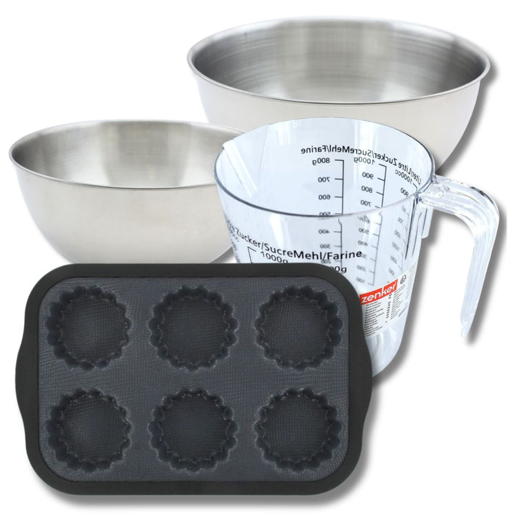 Set pâtisserie avec moule 6 tartelettes 28 x 18 cm en silicone, 2 bols à mixer, verre mesureur et spatule Zenker