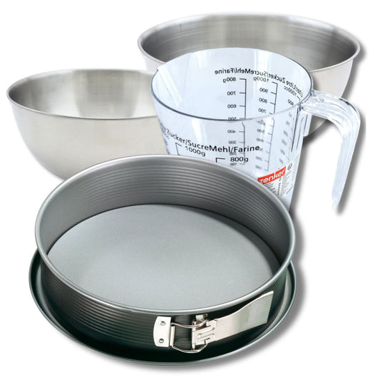 Set pâtisserie avec moule à manqué de 28 cm acier, 2 bols à mixer, verre mesureur et spatule Zenker