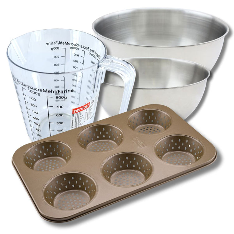 Set pâtisserie avec moule à 6 petits pains 33 x 22 cm en acier, 2 bols à mixer, verre mesureur et spatule Zenker