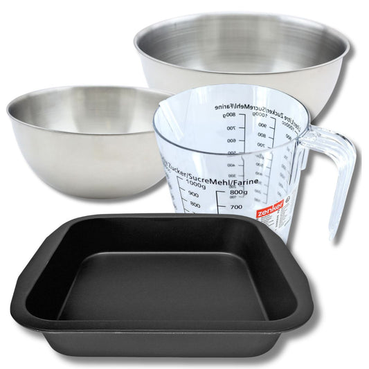 Set pâtisserie avec moule à brownie 27 x 26 en acier, 2 bols à mixer, verre mesureur et spatule Zenker