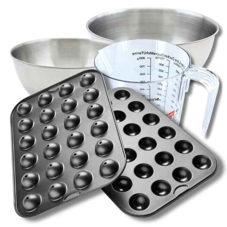 Set pâtisserie avec moule à 24 pop cakes 38,5 x 26,5 cm en acier, 2 bols à mixer, verre mesureur et spatule Zenker