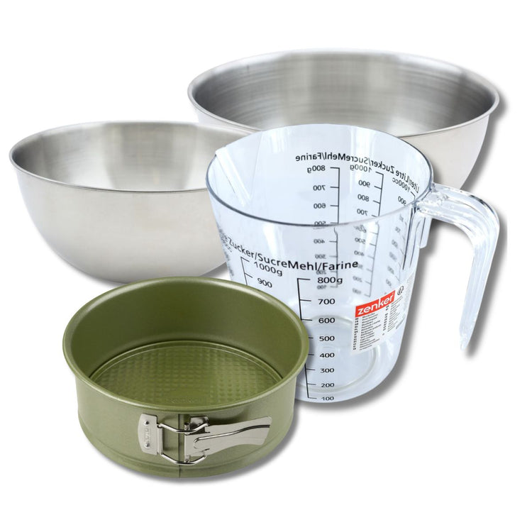 Set pâtisserie avec moule à manqué 20 cm revêtement cire de carnauba, 2 bols à mixer, verre mesureur et spatule Zenker