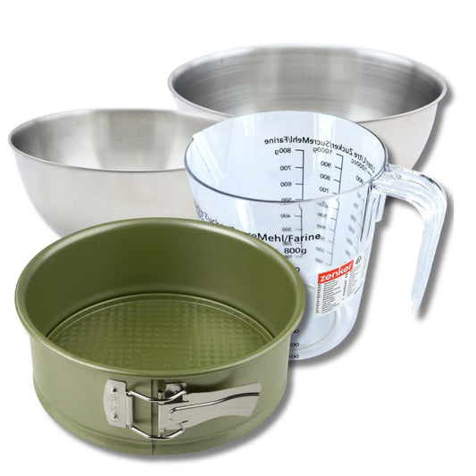 Set pâtisserie avec moule à manqué 26 cm revêtement cire de carnauba, 2 bols à mixer, verre mesureur et spatule Zenker