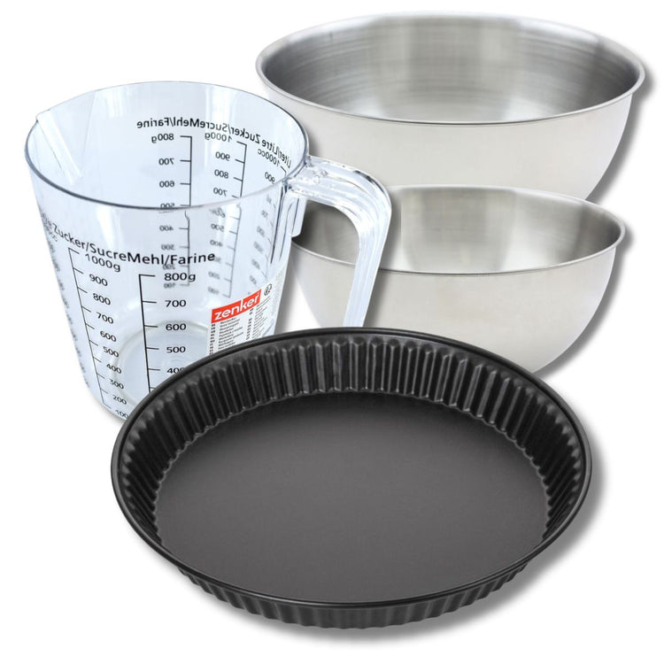 Set pâtisserie avec moule à quiche lorraine 28 cm antiadhésif, 2 bols à mixer, verre mesureur et spatule Zenker