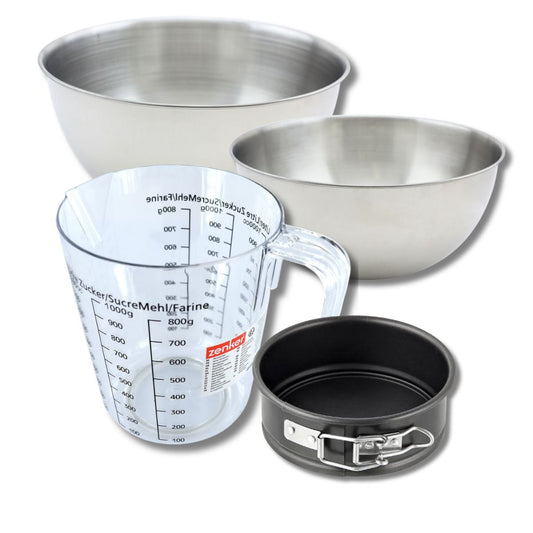 Set pâtisserie avec mini moule à manqué 12 cm, 2 bols à mixer, verre mesureur et spatule Zenker