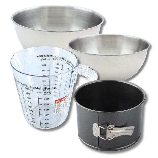 Set pâtisserie avec moule à panettone 18 cm à charnière, 2 bols à mixer, verre mesureur et spatule Zenker