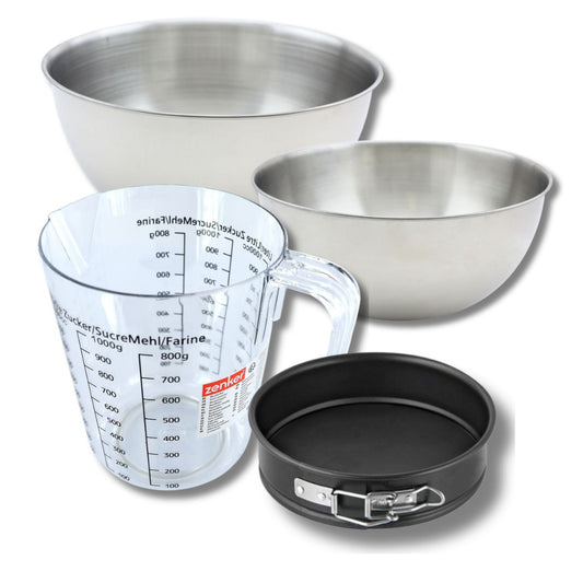 Set pâtisserie avec mini moule à manqué 16 cm, 2 bols à mixer, verre mesureur et spatule Zenker