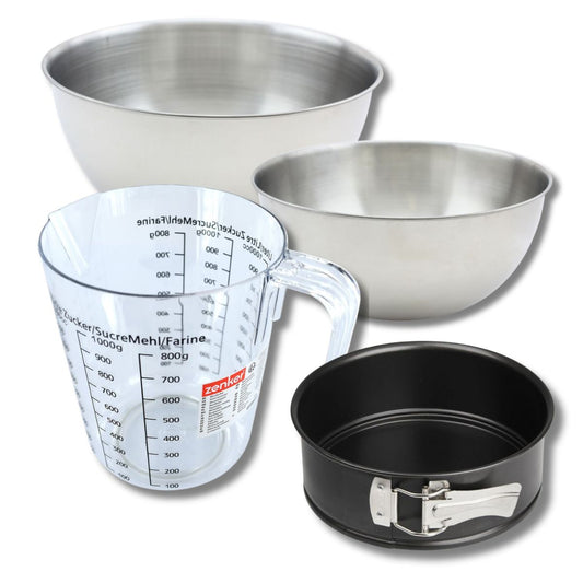 Set pâtisserie avec mini moule à manqué 18 cm, 2 bols à mixer, verre mesureur et spatule Zenker