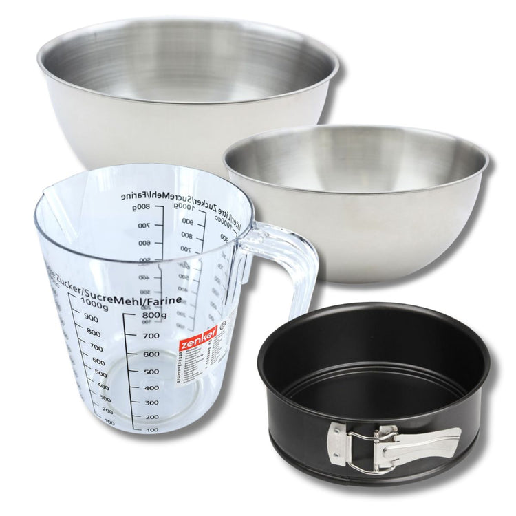 Set pâtisserie avec mini moule à manqué 18 cm, 2 bols à mixer, verre mesureur et spatule Zenker