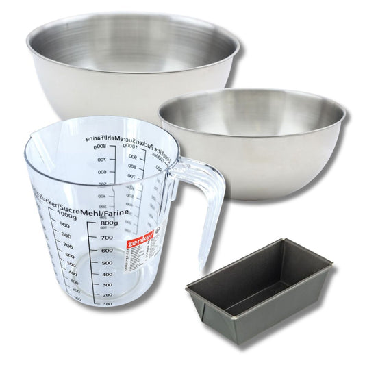 Set pâtisserie avec mini moule à cake 16 cm, 2 bols à mixer, verre mesureur et spatule Zenker
