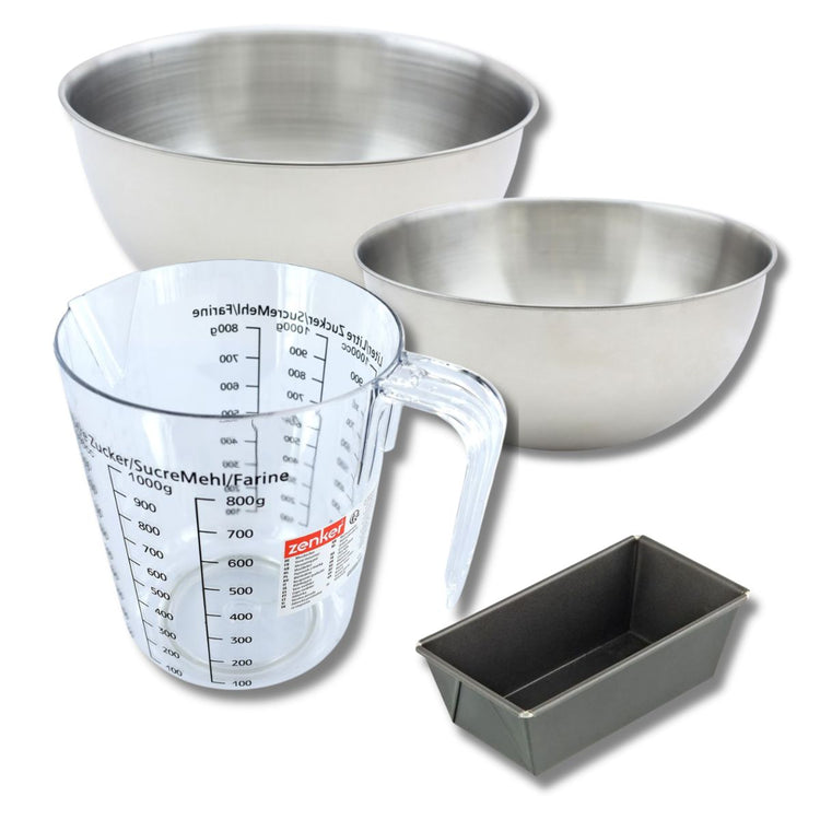 Set pâtisserie avec mini moule à cake 16 cm, 2 bols à mixer, verre mesureur et spatule Zenker