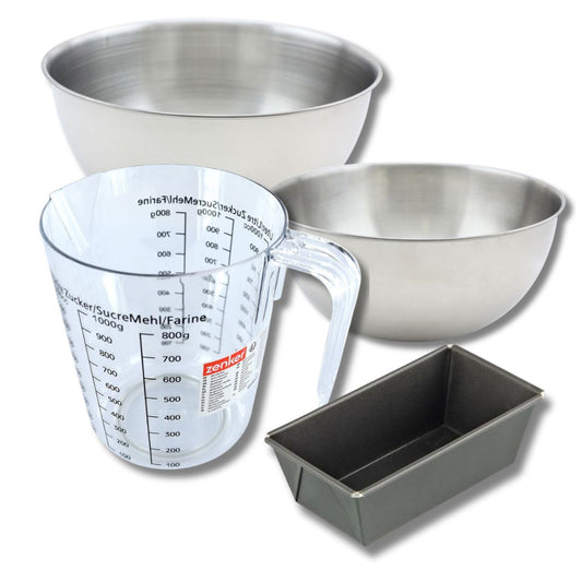 Set pâtisserie avec mini moule à cake 20 cm, 2 bols à mixer, verre mesureur et spatule Zenker