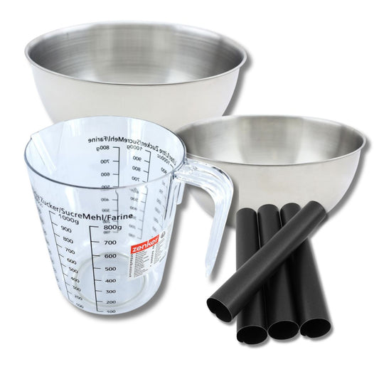 Set pâtisserie avec 4 moules tube 13 cm, 2 bols à mixer, verre mesureur et spatule Zenker