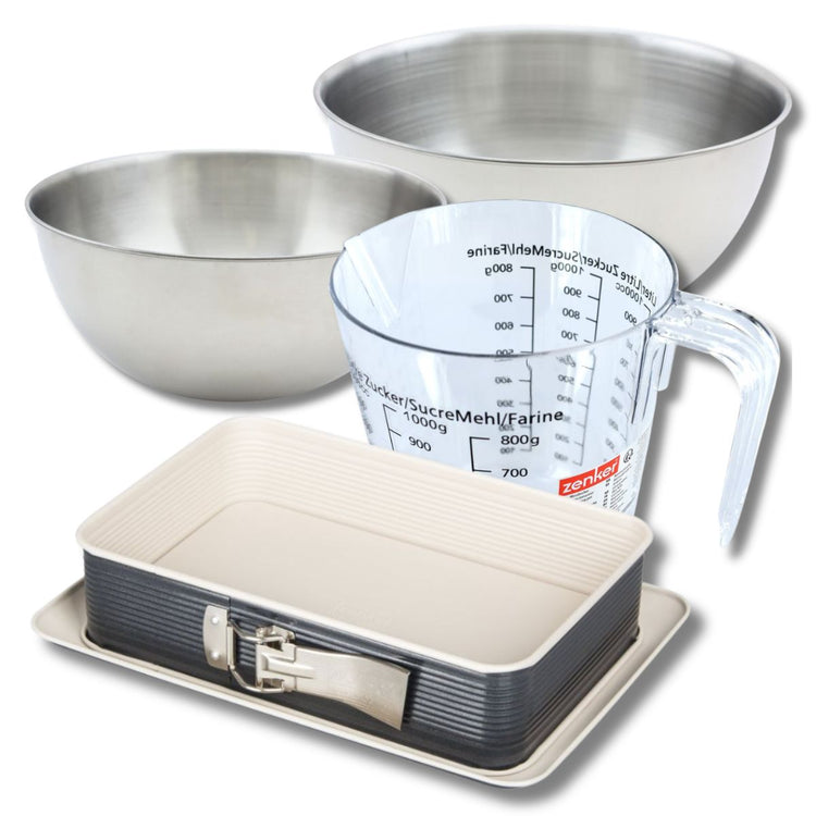 Set pâtisserie avec moule à charnière 28 x 18 cm, 2 bols à mixer, verre mesureur et spatule Zenker