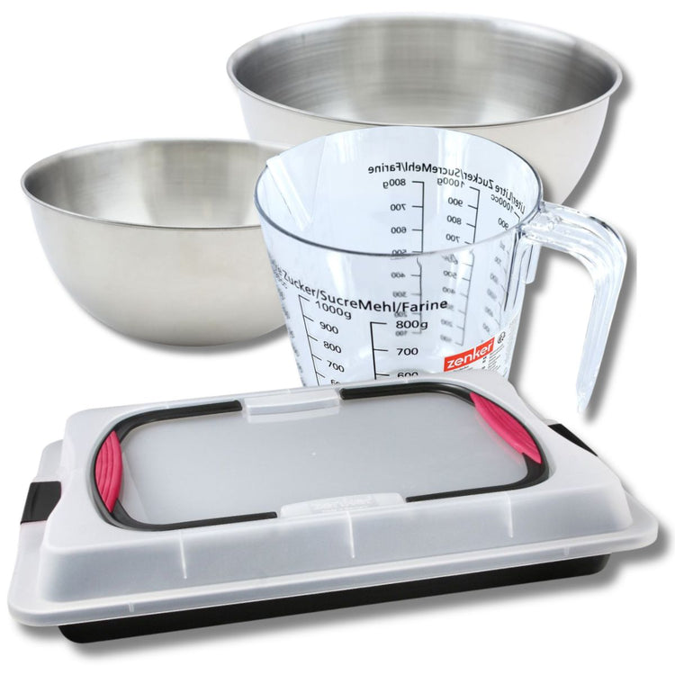 Set pâtisserie avec plaque de cuisson 42 x 29 cm avec couvercle, 2 bols à mixer, verre mesureur et spatule Zenker