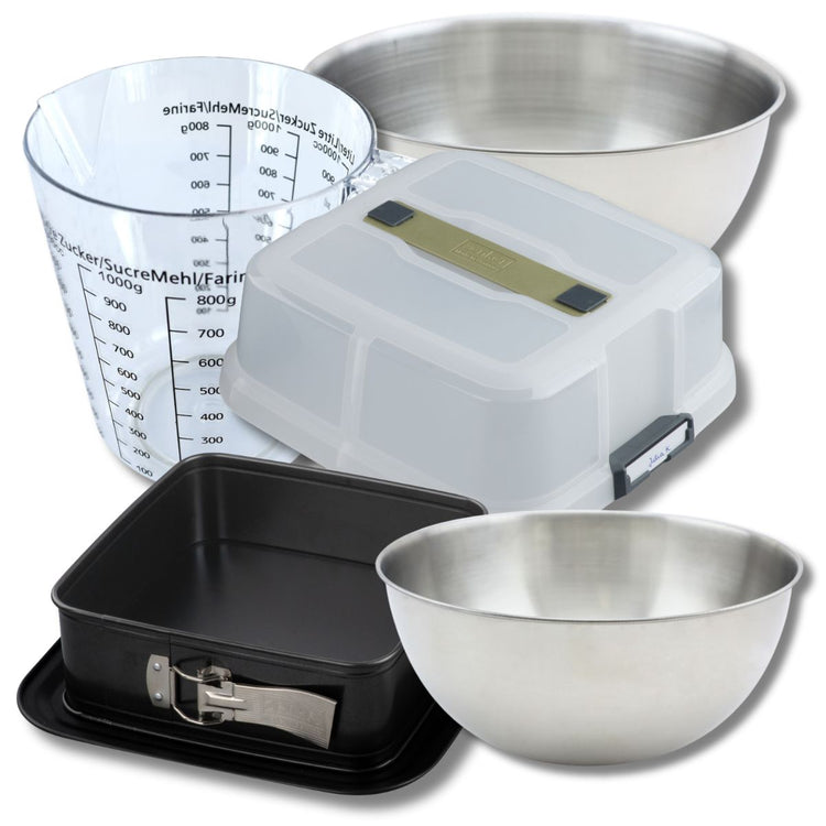 Set pâtisserie moule à charnière carré 23 cm avec couvercle, 2 bols à mixer, verre mesureur et spatule Zenker