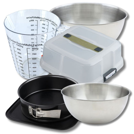 Set pâtisserie moule à charnière rond 23 cm avec couvercle, 2 bols à mixer, verre mesureur et spatule Zenker