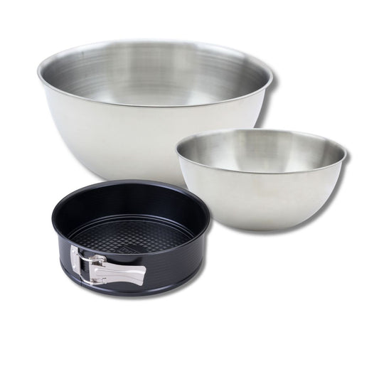 Lot avec 1 Moule à manqué à charnière 20 cm, 1 spatule Zenker et 2 bols à mixer en inox Fackelmann