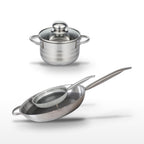 Batterie de cuisine avec 2 poêles de cuisson 24/32 cm et 1 faitout 12 cm en acier inoxydable sans PFAS Elo Collection Relief Solution Brillant