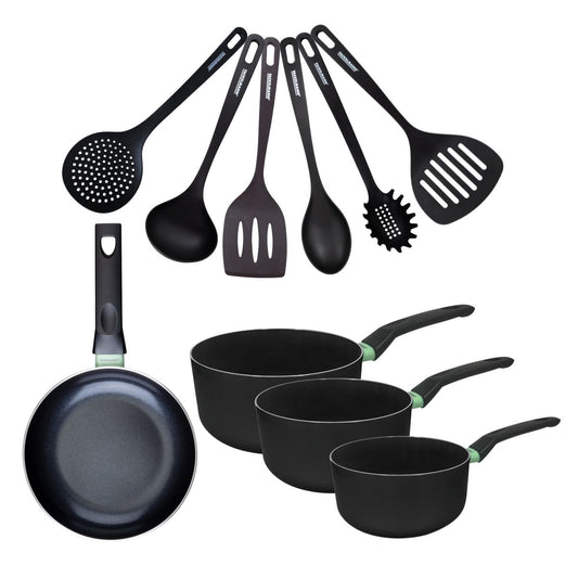 Set de 1 poêle 20 cm, 3 casseroles antiadhésives céramique 16, 18 et 20 cm et 6 ustensiles Fackelmann Brandao