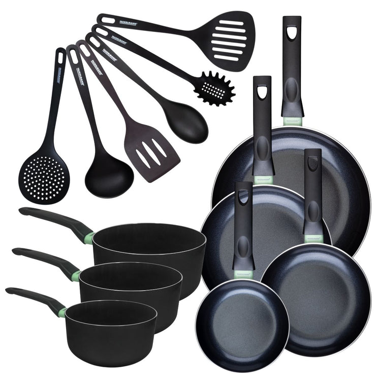 Set de 4 poêles 16 20 24 et 28 cm et 3 casseroles 16, 18 et 20 cm antiadhésives céramique et 6 ustensiles Fackelmann Brandao