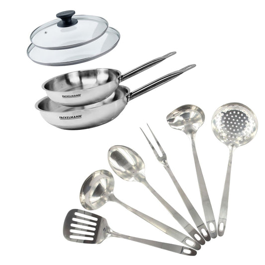 Set de 2 poêles 20 et 24 cm en inox, 2 couvercles verre et 6 ustensiles inox Fackelmann Eterna
