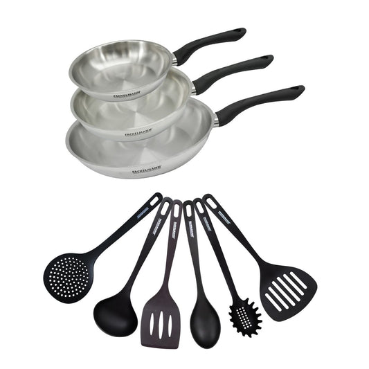 Set 3 poêles 20 24 et 28 cm en inox et 6 ustensiles Fackelmann Geneva
