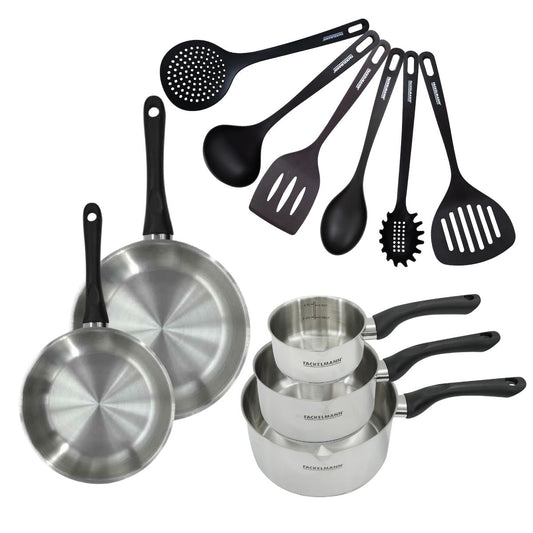 Set 2 poêles 20 et 24 cm 3 casseroles 12 16 et 20 cm en inox et 6 ustensiles Fackelmann Geneva