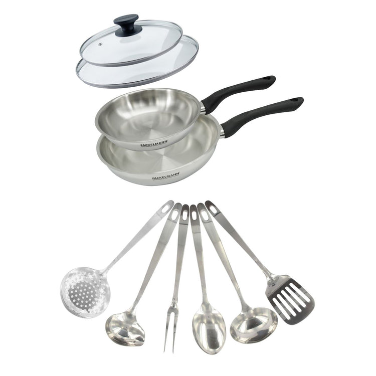 Set 2 poêles 20 et 24 cm en inox, couvercle verre et 6 ustensiles inox Fackelmann Geneva