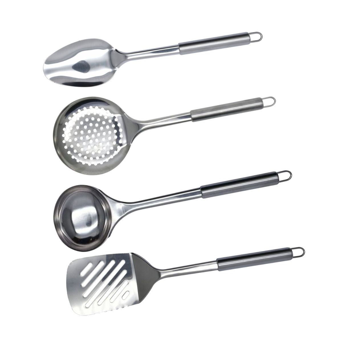 Set D'Ustensiles De Cuisine 4 Pièces En Acier Inoxydable 304 - Louche, Écumoire, Spatules - Poignée Bois | Pour Wok, Poêles Et Lave-Vaisselle