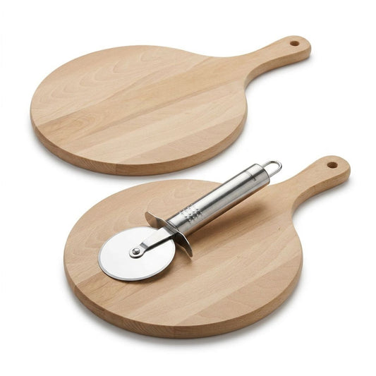 2 planches à pizza 30 cm en bois et roulette Fackelmann Boissellerie