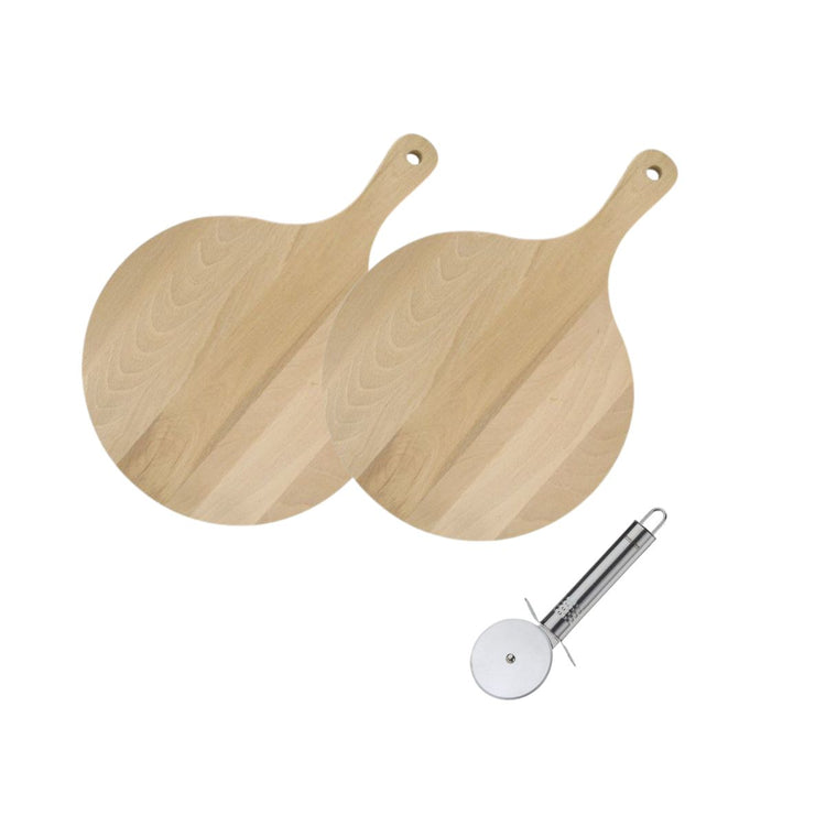 2 Planches à pizza et tarte flambée en bois 30 cm et Roulette à pizza en inox Fackelmann