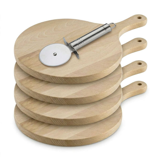 4 planches à pizza 30 cm en bois et roulette Fackelmann Boissellerie