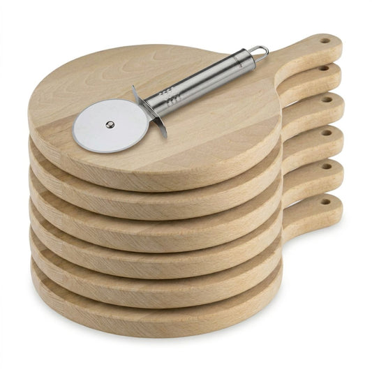 6 planches à pizza 30 cm en bois et roulette Fackelmann Boissellerie