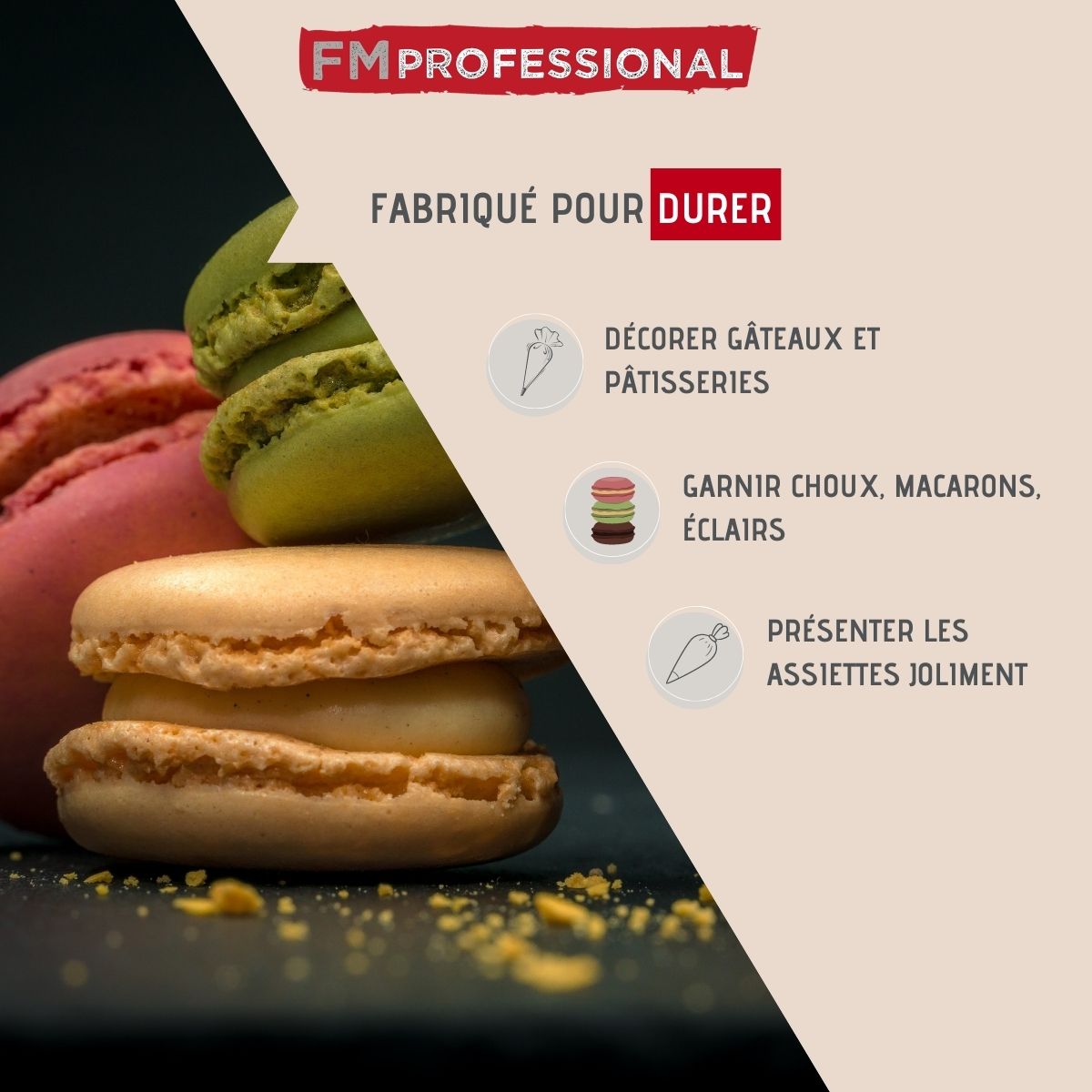 Poche à douille professionnelle réutilisable et 3 douilles inox FM Professional Pâtisserie